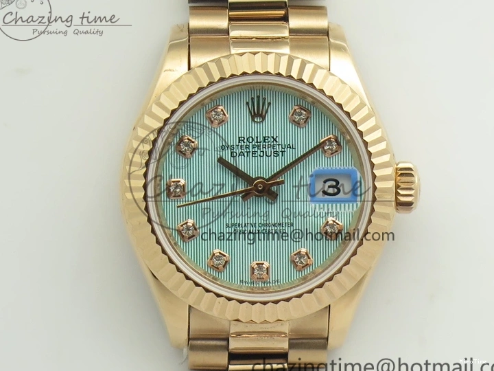 MiroTime 0210 Flexible DateJust 28mm RG BP Maker Best Edition Ice Blue Diam Dial Fluted Bezel On RG Bracelet ETA 3444